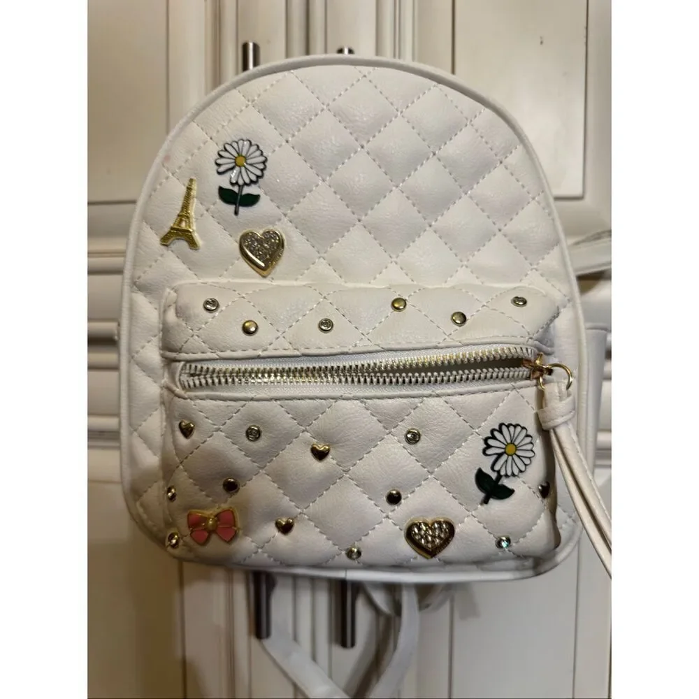 UnderOneSky Women's Quilted Heart & Flower Charm Mini Backpack White Small
